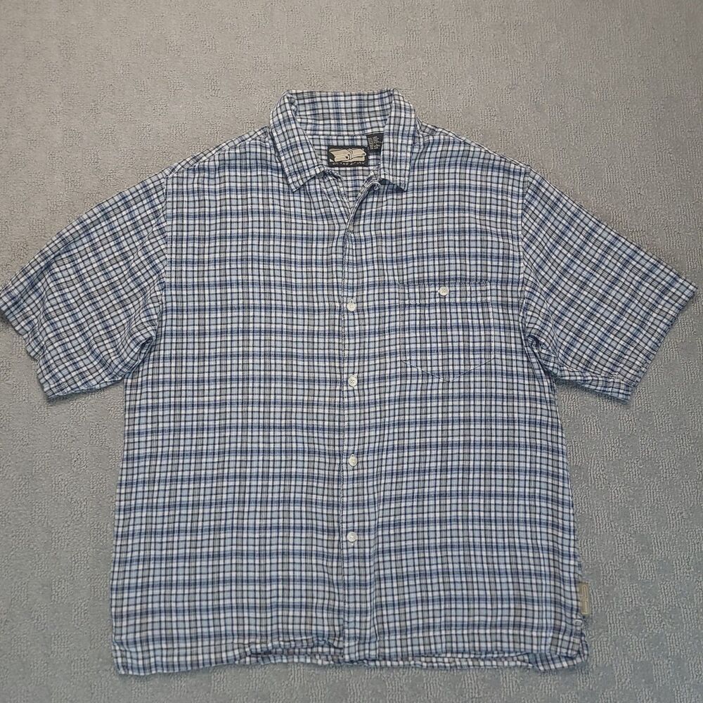 On the Brink Men's L Shirt Linen Blend Button Up Short Sleeve Plaid Pocket VTG - Picture 3 of 10